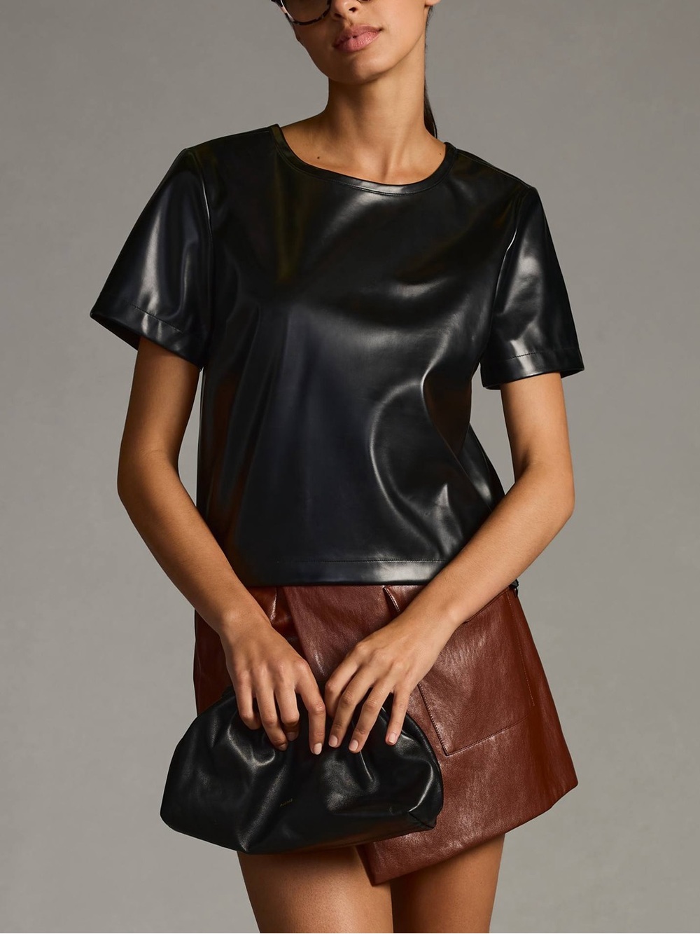 Anthropologie Porridge Black Faux Leather Short Sleeve Shirt